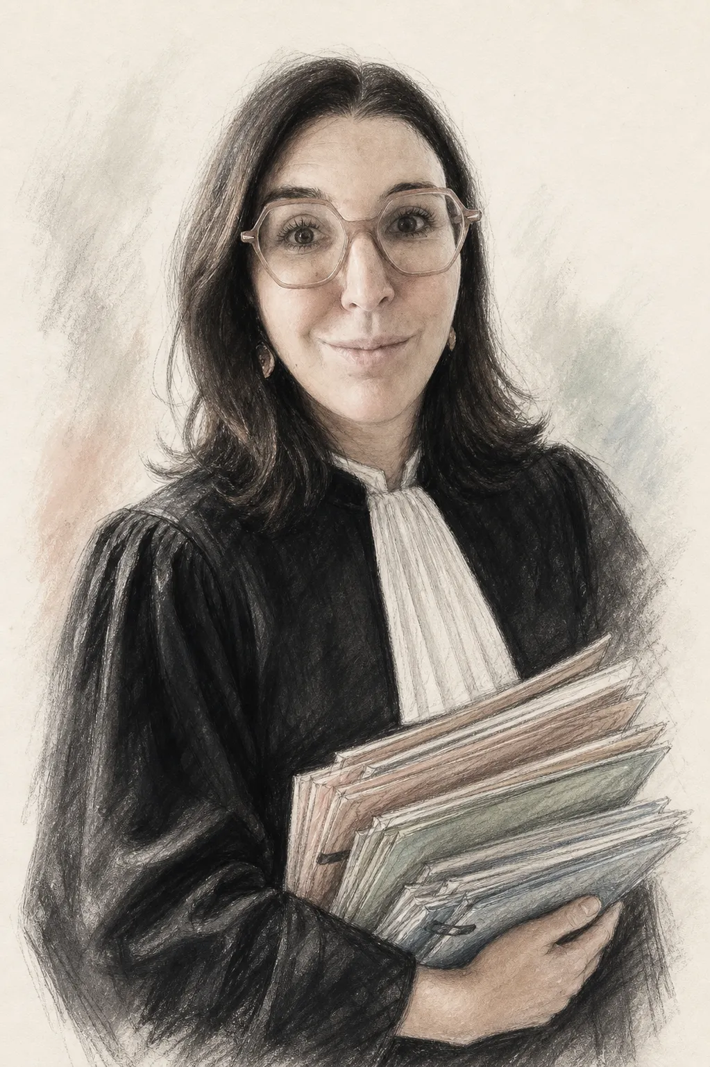 Illustration au fusain d'une avocate en robe d'avocat tenant des dossiers